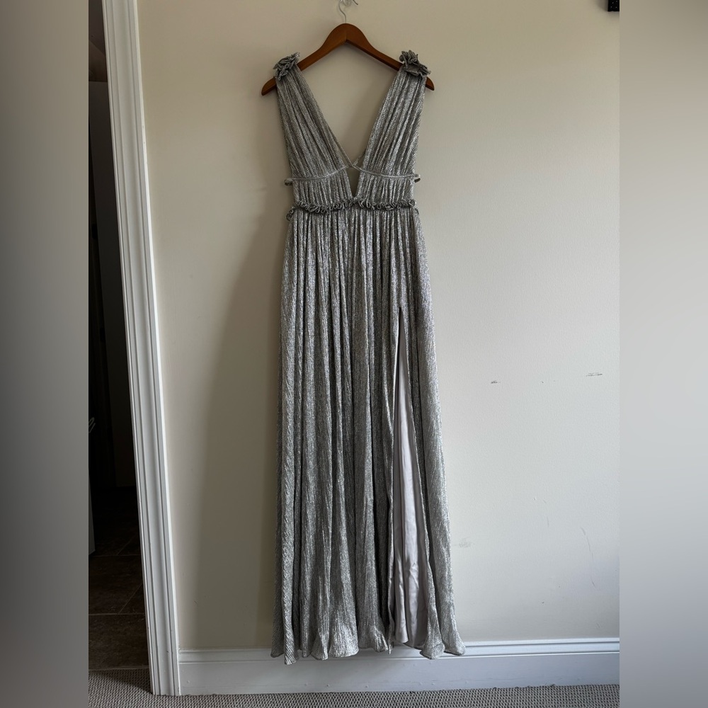 Jonathan Simkhai Plisse Lamé Goddess Gown Silver